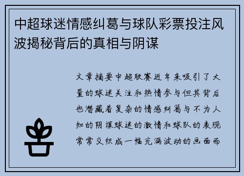 中超球迷情感纠葛与球队彩票投注风波揭秘背后的真相与阴谋