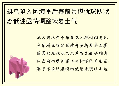 雄鸟陷入困境季后赛前景堪忧球队状态低迷亟待调整恢复士气