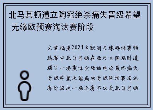 北马其顿遭立陶宛绝杀痛失晋级希望 无缘欧预赛淘汰赛阶段